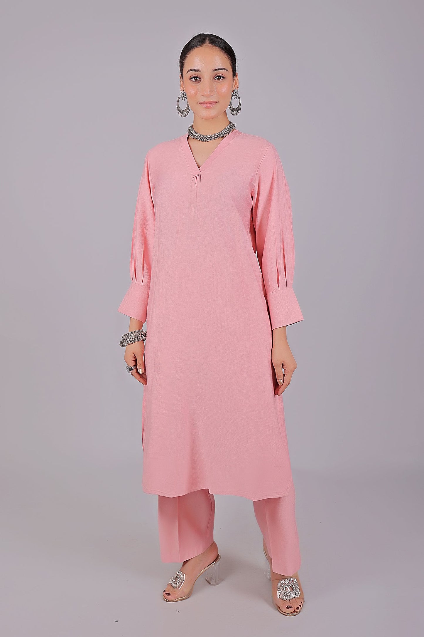 Bluesaanchi Women's Baby Pink Kurti With Trouser Pajama Set | Swadesiicart