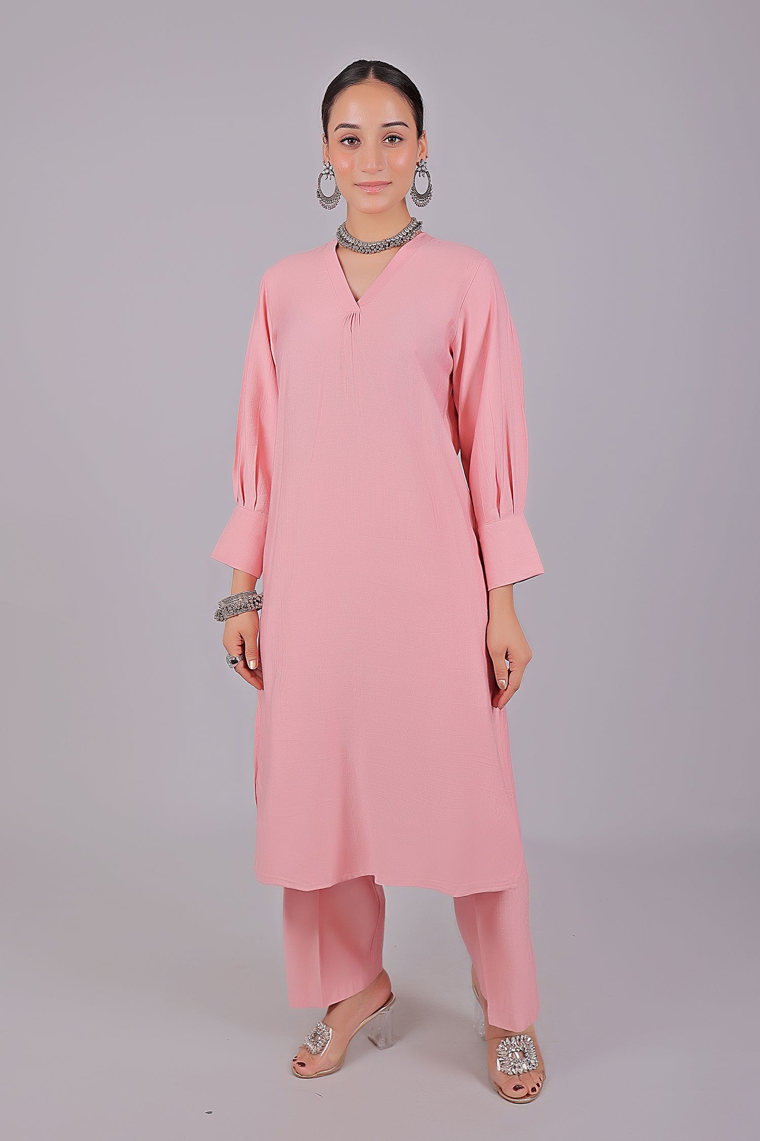 Bluesaanchi Women's Baby Pink Kurti With Trouser Pajama Set | Swadesiicart