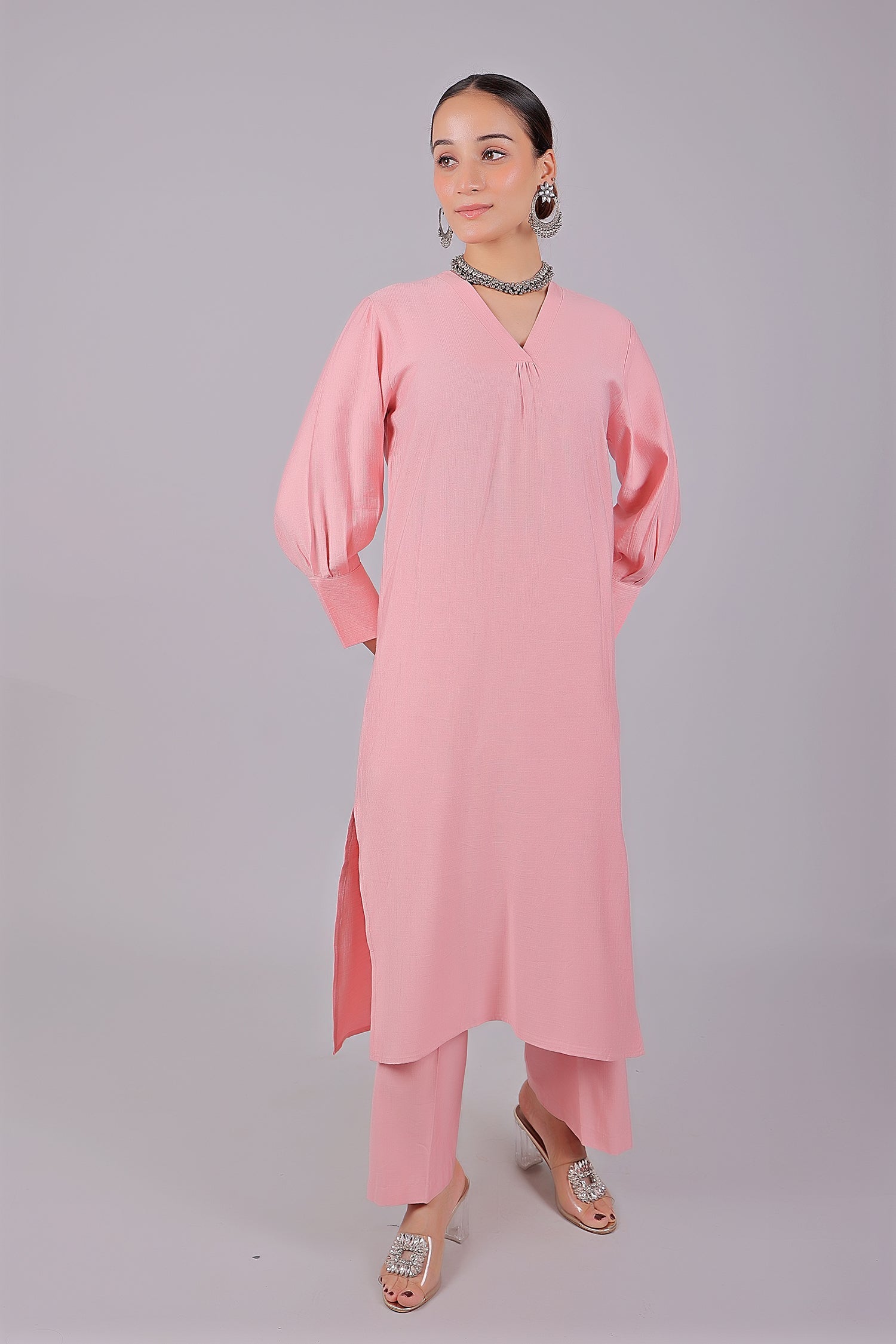 Bluesaanchi Women's Baby Pink Kurti With Trouser Pajama Set | Swadesiicart