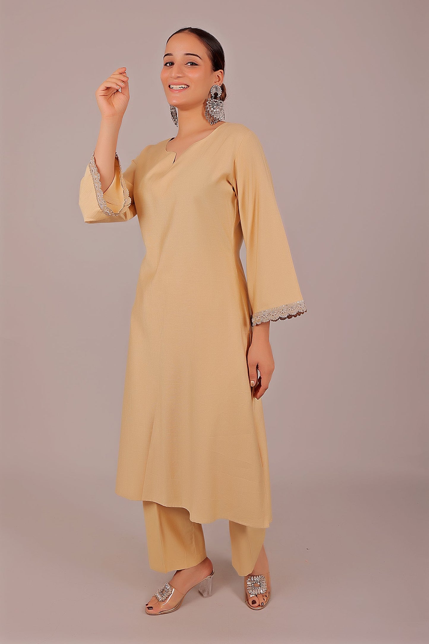 Bluesaanchi Women's Beige Kurti Pajama Set | Swadesiicart