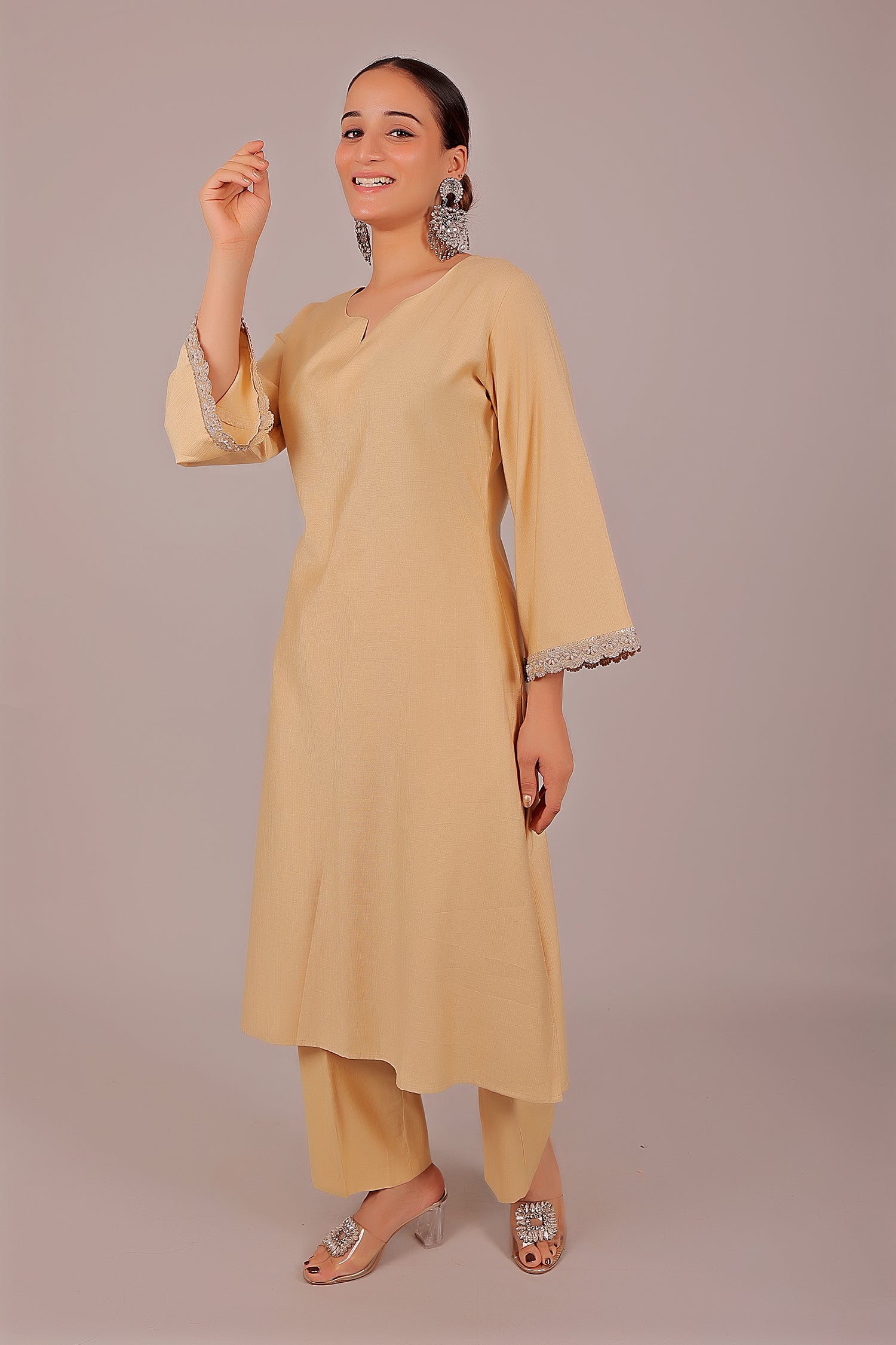 Bluesaanchi Women's Beige Kurti Pajama Set | Swadesiicart