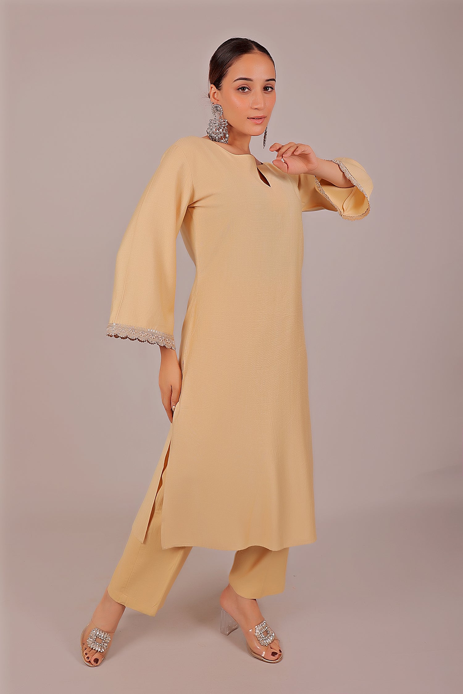Bluesaanchi Women's Beige Kurti Pajama Set | Swadesiicart