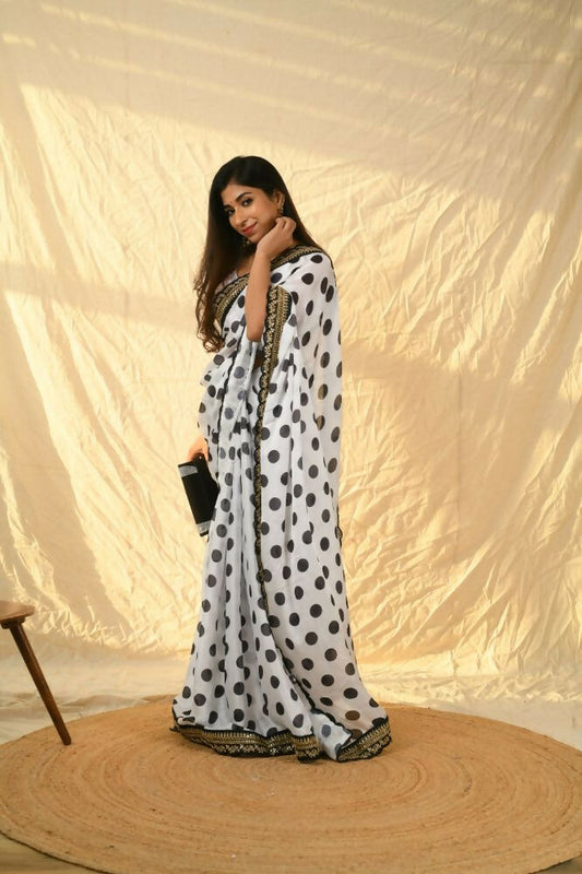 Vamsee Polka Dot Black & White Nylon Saree - Swadesiicart