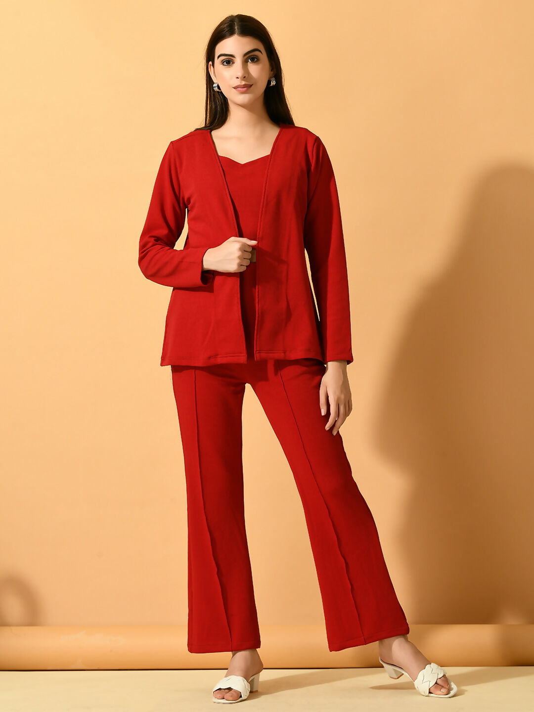 Myshka Women's Red Solid Coat With Trousers - Swadesiicart