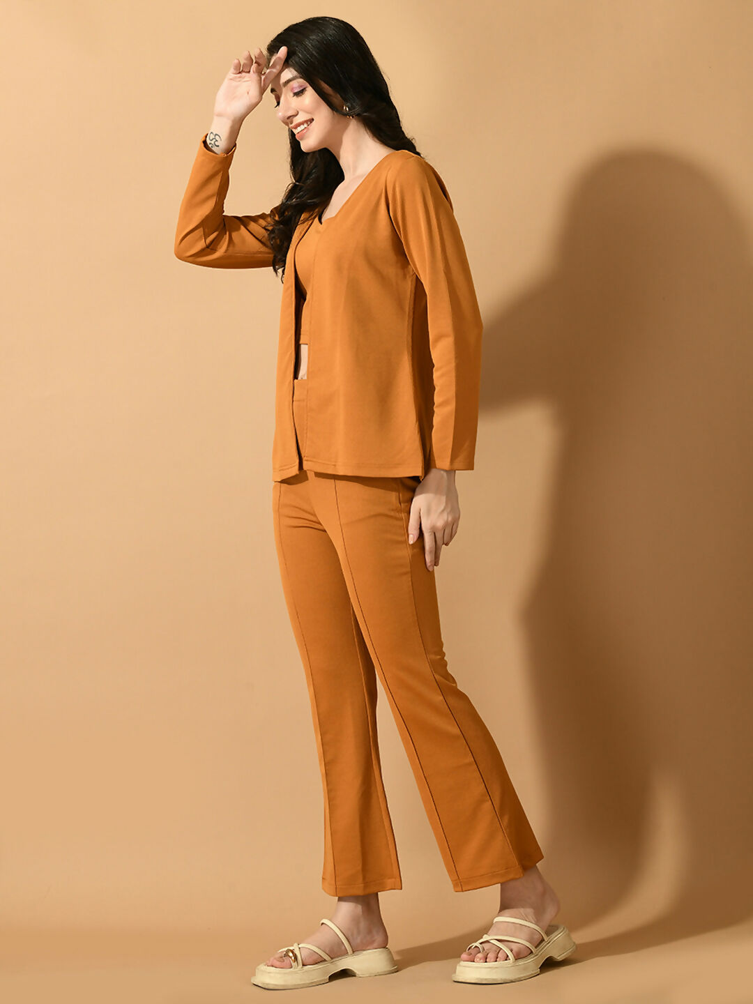 Myshka Women's Mustard Solid Coat With Trousers - Swadesiicart