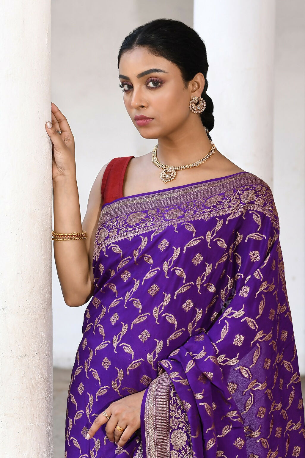 Joban Fashion Purple Crepe Chiffon Pure Handloom Banarasi Silk Saree | Swadesiicart