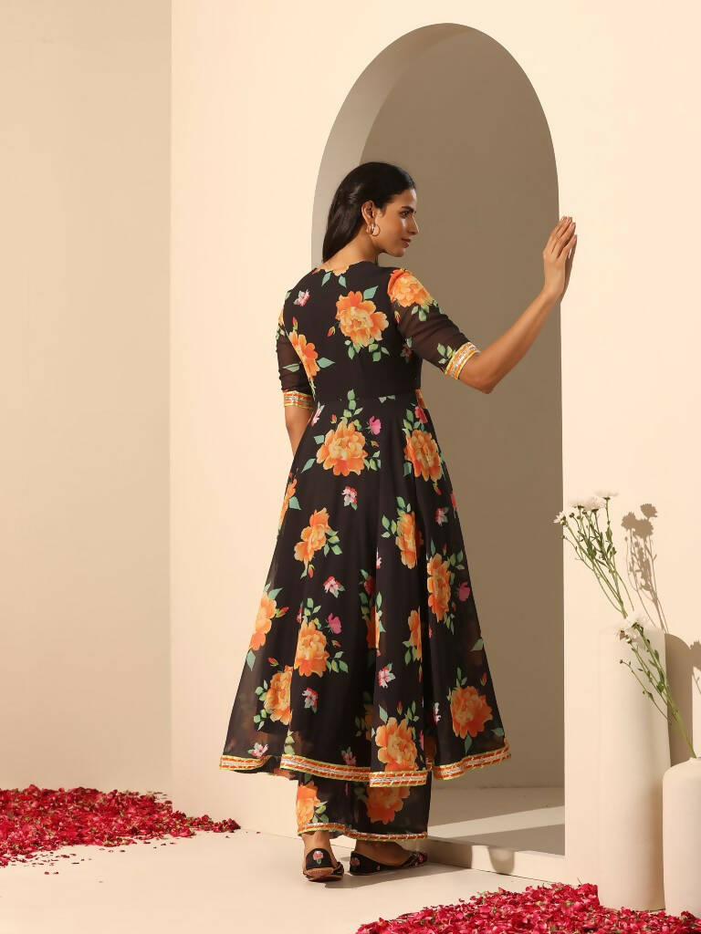 Pomcha Jaipur Black Gul Narangi Angrakha Set | Swadesiicart