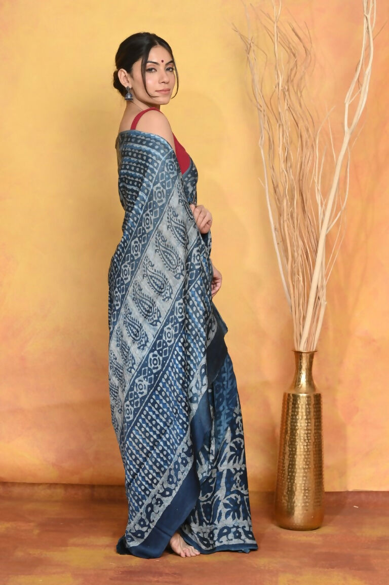 Very Much Indian Modal Silk Ajrakh Handblock Printed Natural Dyes Sleek Border Saree - Powder Blue | Swadesiicart