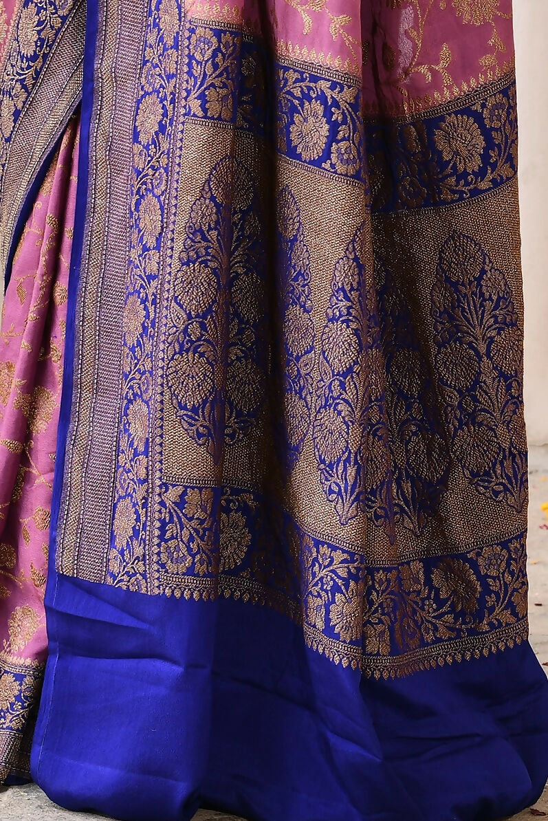 Joban Fashion Nude Pink Crepe Chiffon Pure Handloom Banarasi Silk Saree | Swadesiicart