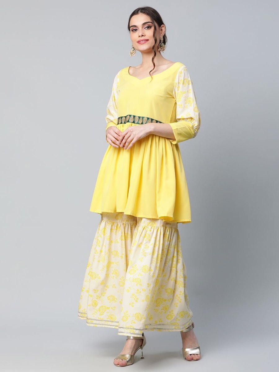 Ahalyaa Women Yellow Crepe Floral Short Kurta with Sharara Set | Swadesiicart