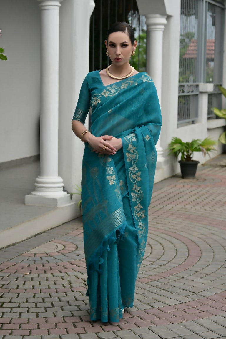Vishnu Weaves Women's Firozi Linen Silk Zari Weaving Saree with Blouse - Swadesiicart