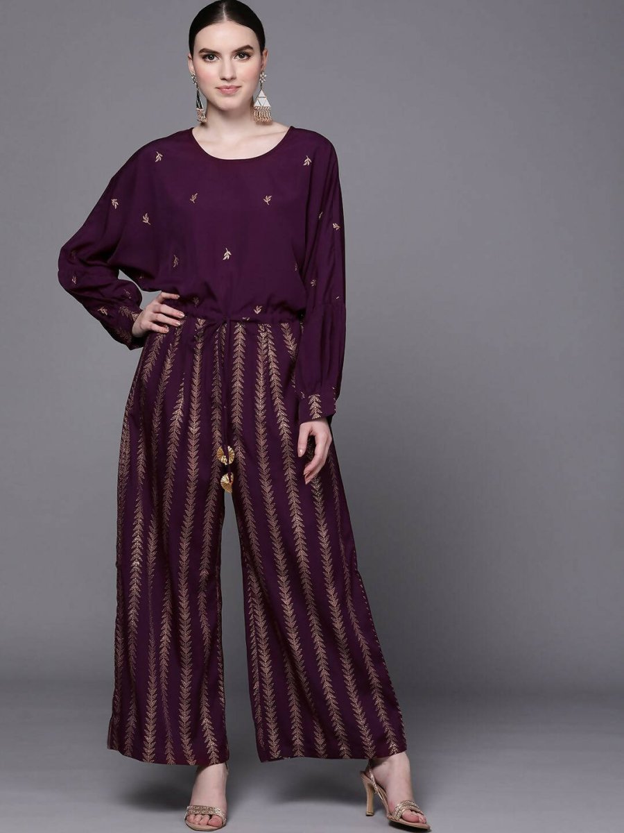 Ahalyaa Purple & Golden Printed Basic Jumpsuit - Swadesiicart