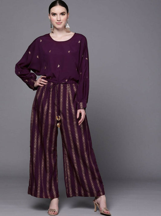 Ahalyaa Purple & Golden Printed Basic Jumpsuit - Swadesiicart