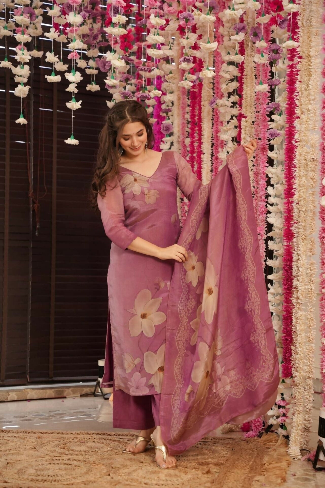 The52 Onion Gorgeous Floral Printed Zarna Silk Fabric Straight Kurta Pant with Dupatta Set - Swadesiicart