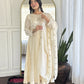 The52 CreamWomen's Gorgeous Embroidered Vichitra Silk Fabric Flared Kurta Pant with Dupatta Set - Swadesiicart