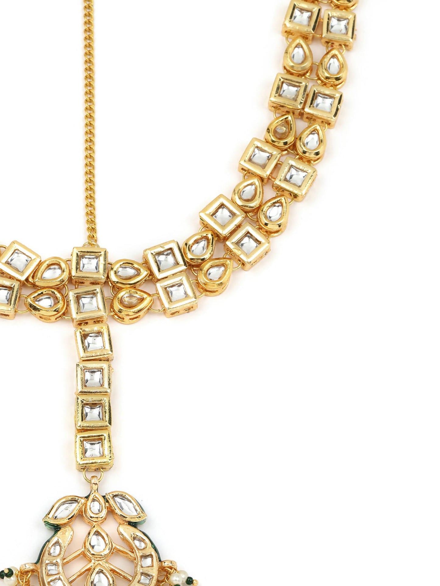 Gold-Polished White Green Kundan-Studded Pearl Beaded Matha Patti - Ruby Raang | Swadesiicart