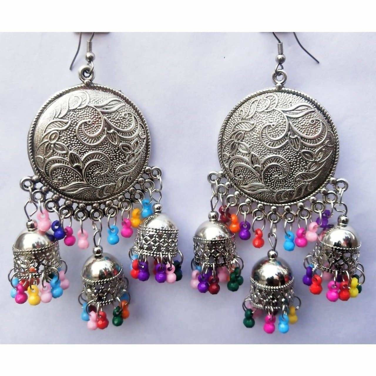 MS Fashion India Muskan Fancy Glass Pearl Silver Tone Chandbali Jhumka Round Earrings | Swadesiicart