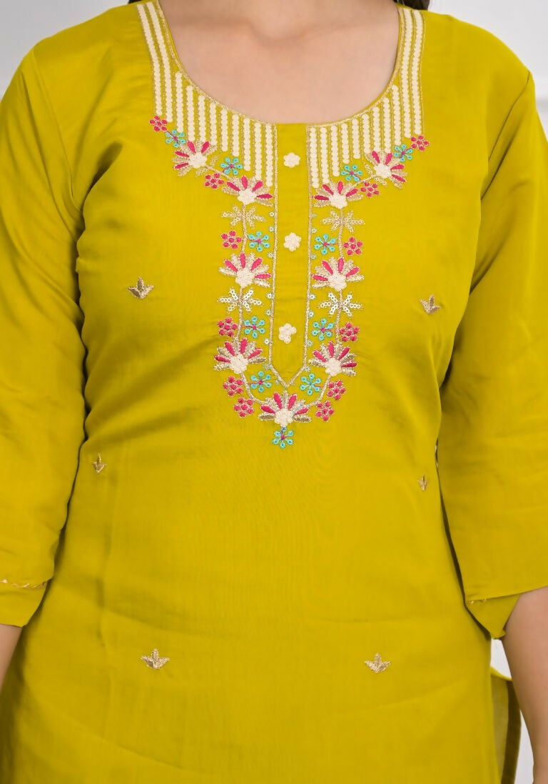 Yellow Viscose Silk Embroidery with Thread and sequence Stitched Suit With Dupatta - Tanisha | Swadesiicart