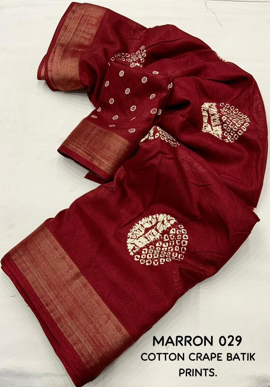 Maroon Cotton Crepe Batik Print Saree with Unstitched Blouse - Hiral Fashion | Swadesiicart