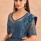 Navy Blue Satin Embroidered Ready To Wear Saree With Unstitched Blouse Piece - Nandika | Swadesiicart