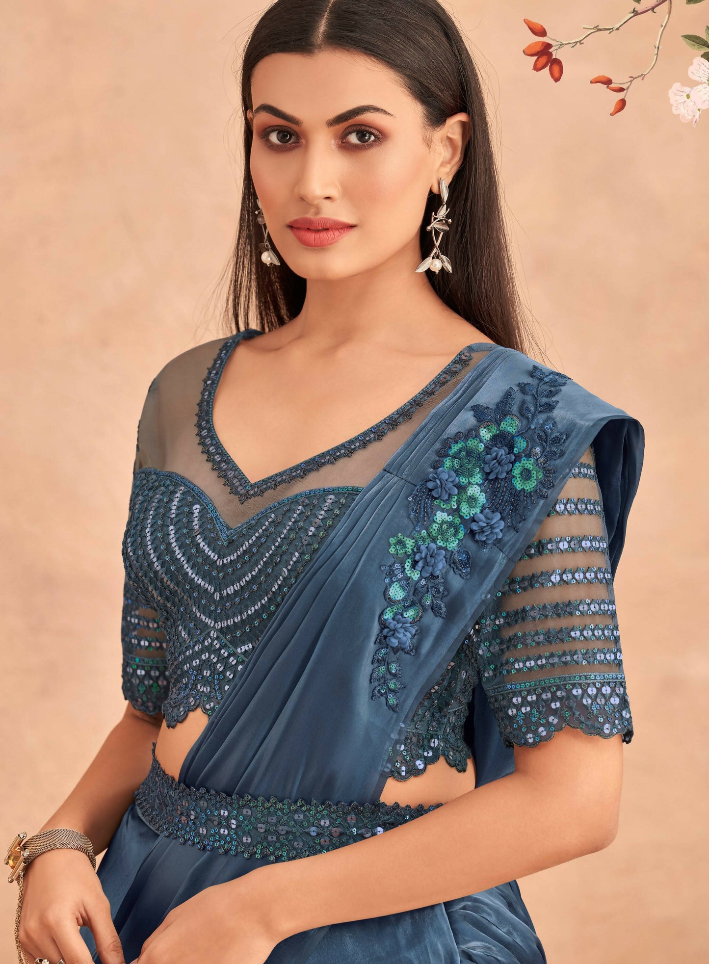 Navy Blue Satin Embroidered Ready To Wear Saree With Unstitched Blouse Piece - Nandika | Swadesiicart