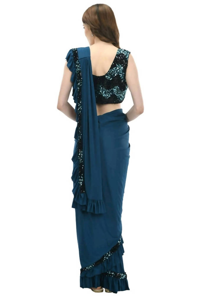 Mominos Fashion All Season Wear Peacock Blue And Black Ruffled