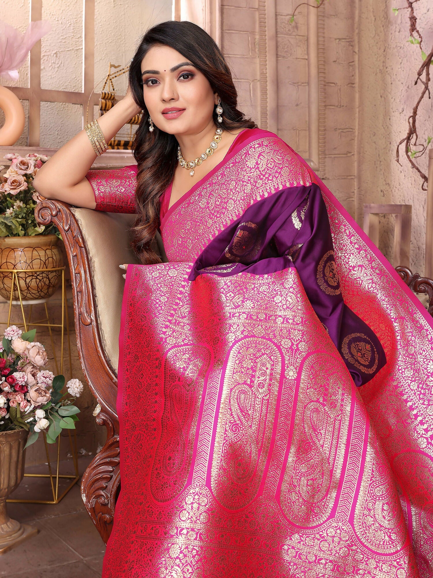 Joban Fashion Purple Banarasi Soft Silk Woven Saree | Swadesiicart