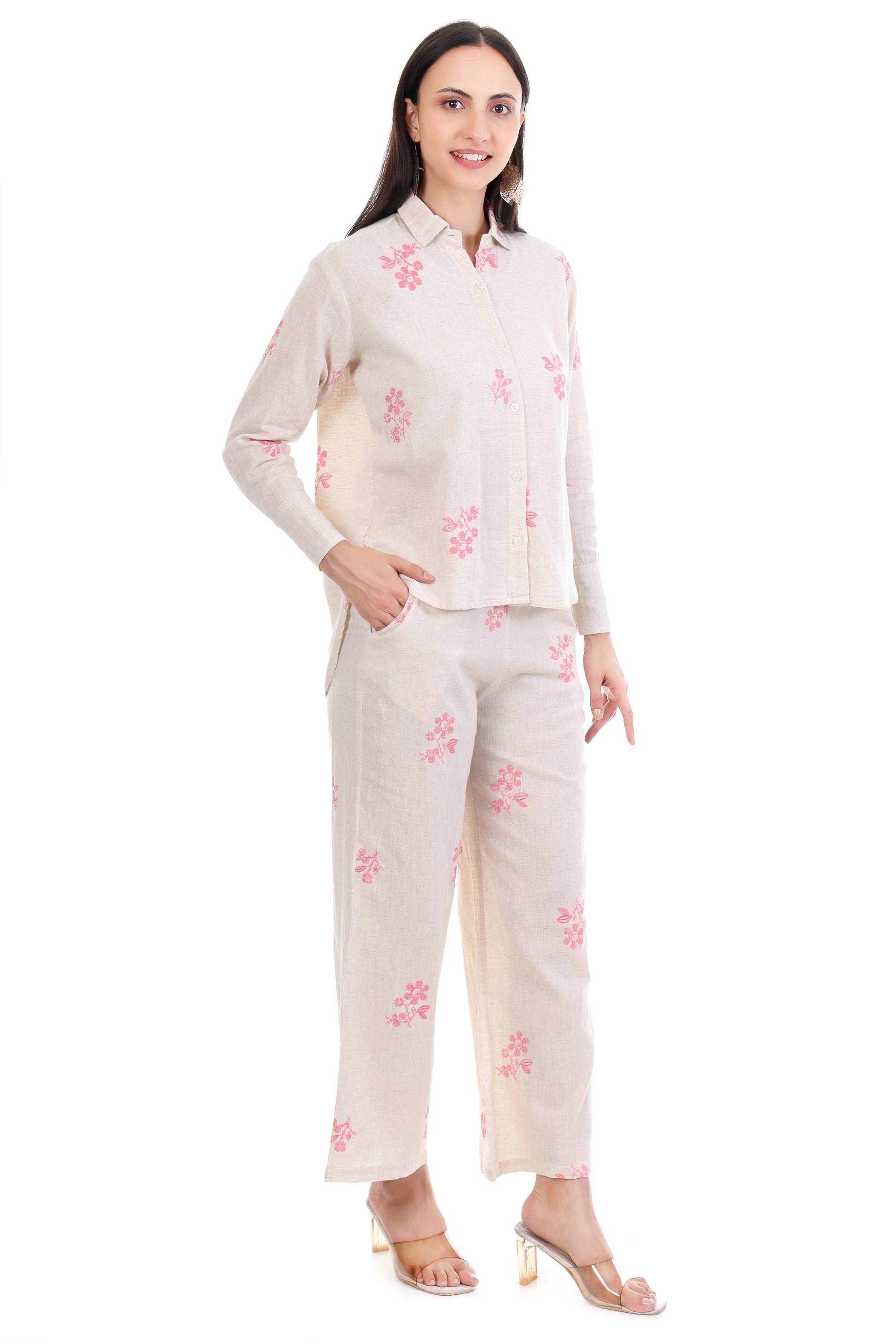 Jaitra Apparels Off White Embroidered Premium Pure Cotton Co-Ord Set For Women - Swadesiicart