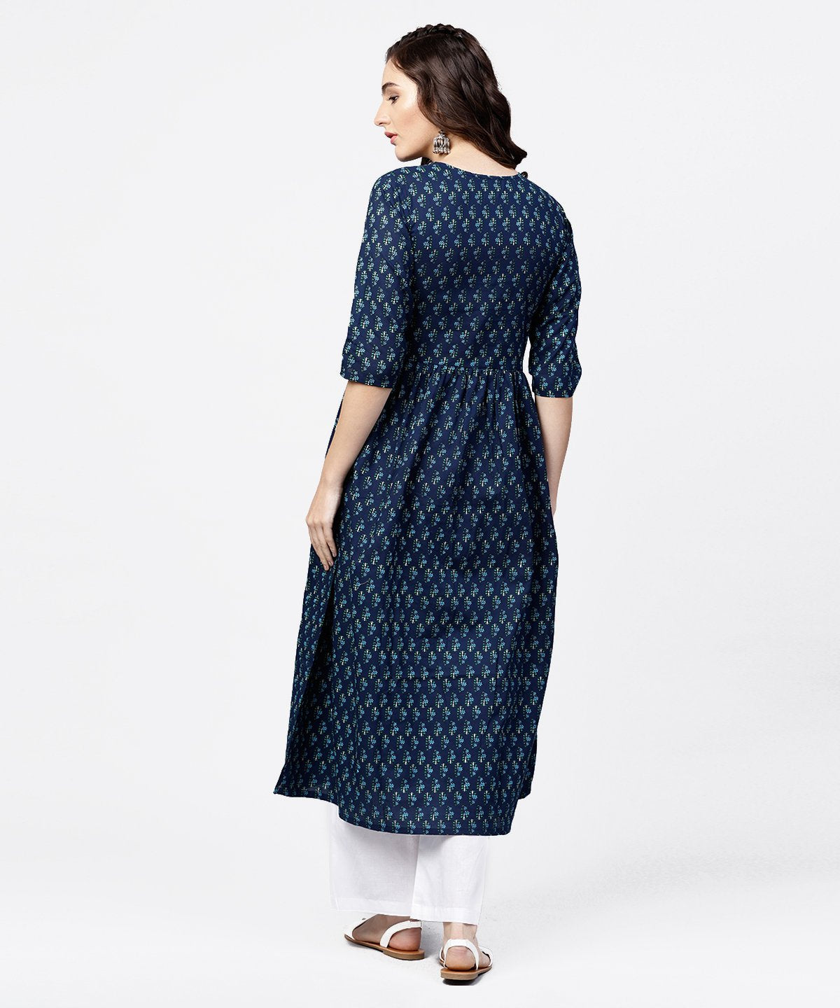 NOZ2TOZ Blue Printed Gathered A-Line Kurta With White Palazzo | Swadesiicart