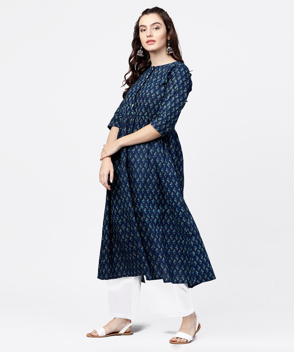 NOZ2TOZ Blue Printed Gathered A-Line Kurta With White Palazzo | Swadesiicart