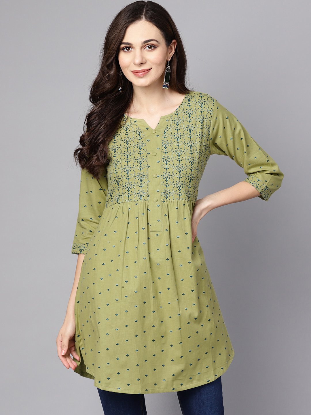 NOZ2TOZ Green Printed 3/4Th Sleeve Cotton A-Line Kurta | Swadesiicart