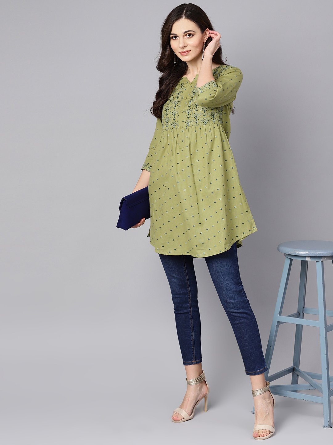 NOZ2TOZ Green Printed 3/4Th Sleeve Cotton A-Line Kurta | Swadesiicart