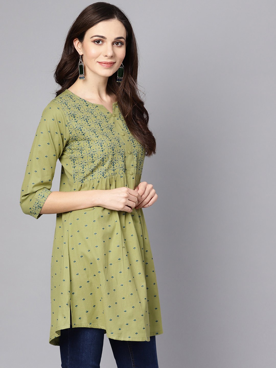 NOZ2TOZ Green Printed 3/4Th Sleeve Cotton A-Line Kurta | Swadesiicart