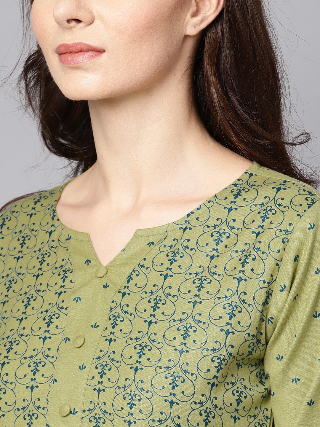 NOZ2TOZ Green Printed 3/4Th Sleeve Cotton A-Line Kurta | Swadesiicart