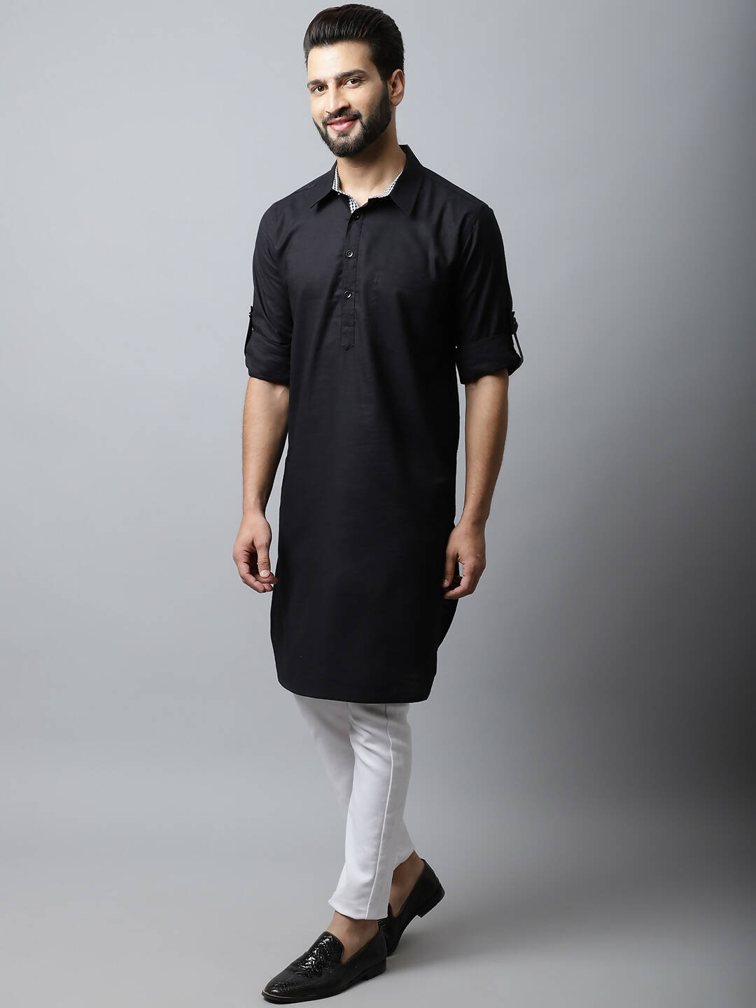 Even Apparels Black Color Linen Solid Men's Kurta With Shirt Collar (LN761) | Swadesiicart