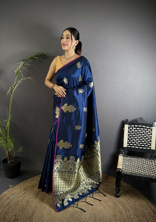 Joban Fashion Navy Blue Banarasi Lichi Silk Gold Zari Meena Saree | Swadesiicart
