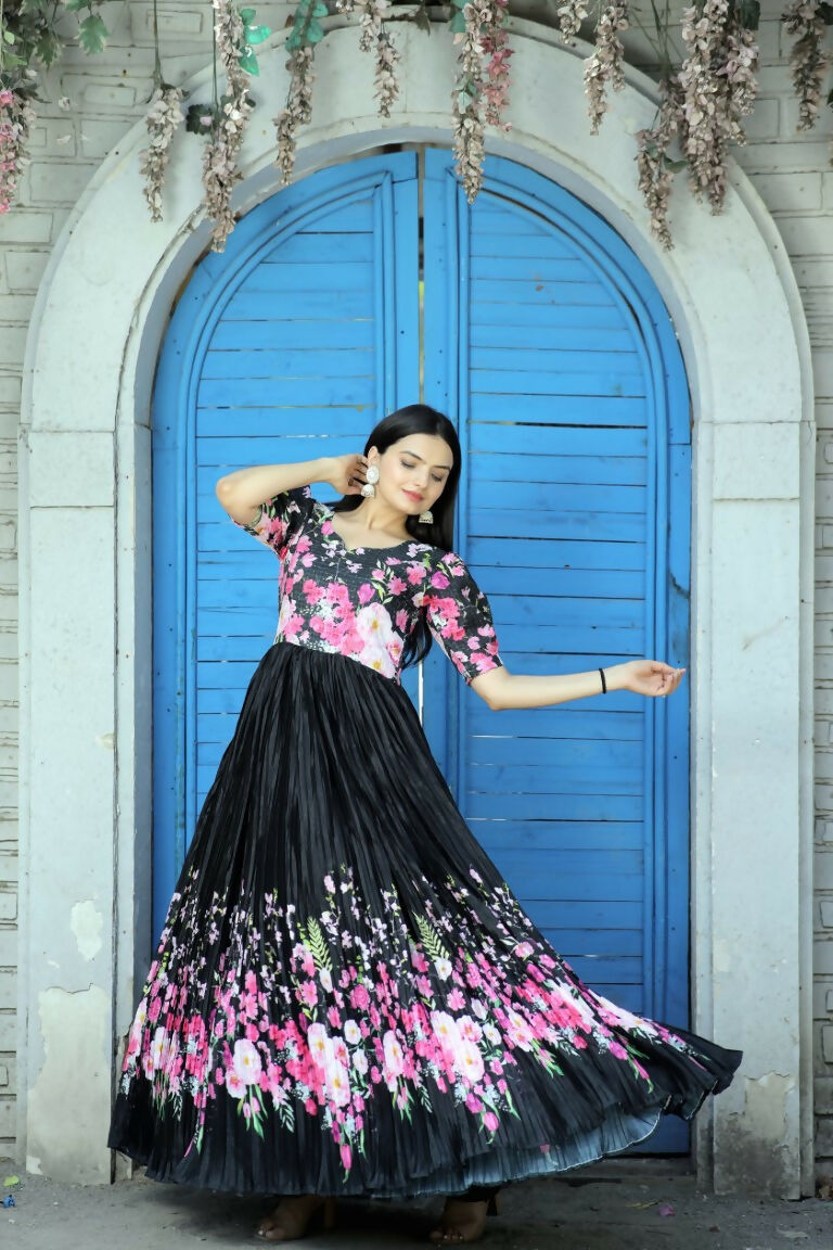 Jyoti Fashion Women's Black Floral Digital Printed Chinon Anarkali Dress | Swadesiicart