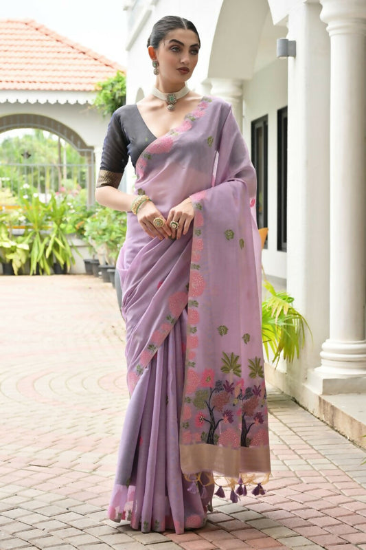 Vishnu Weaves Women's Lavender Muga Cotton Thread Weaving Saree with Blouse - Swadesiicart