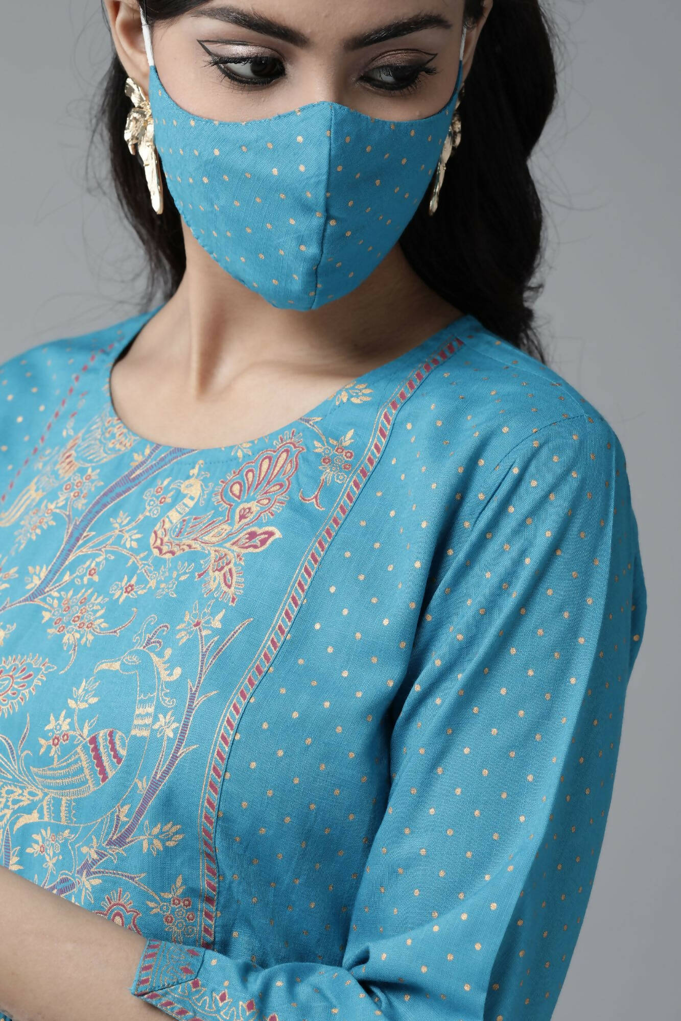 Juniper Women Skyblue Rayon Slub Polka Print Peplum Tunic | Swadesiicart