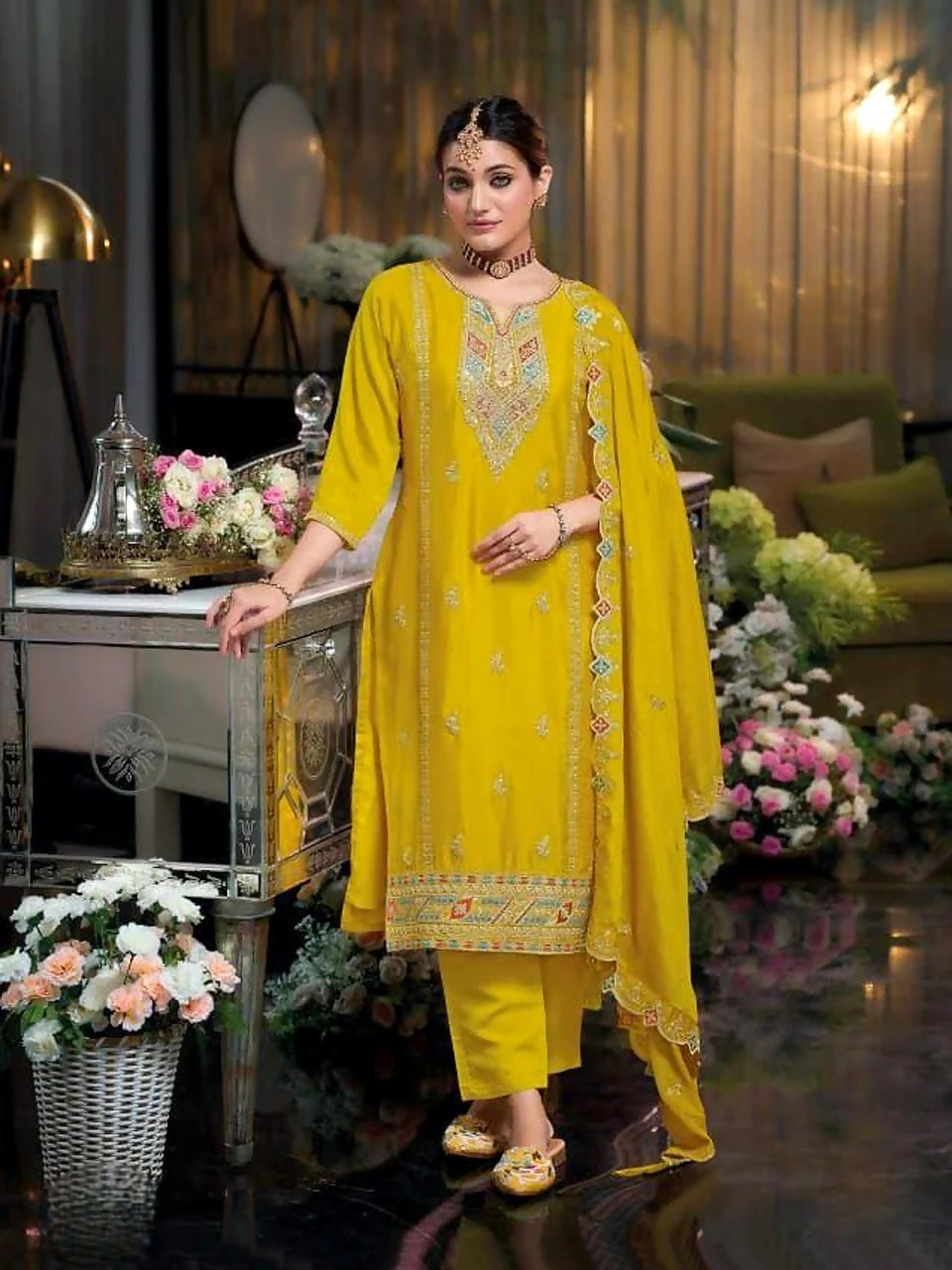 Anaita Yellow Heavy Chinon Readymade Suit with Embroidery & Sequence Work
