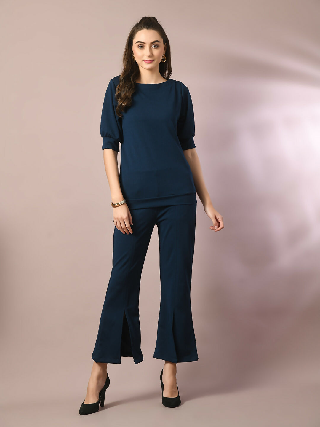 Myshka Women's Blue Solid Boat Neck Party Top With Trousers Co-ord set - Swadesiicart