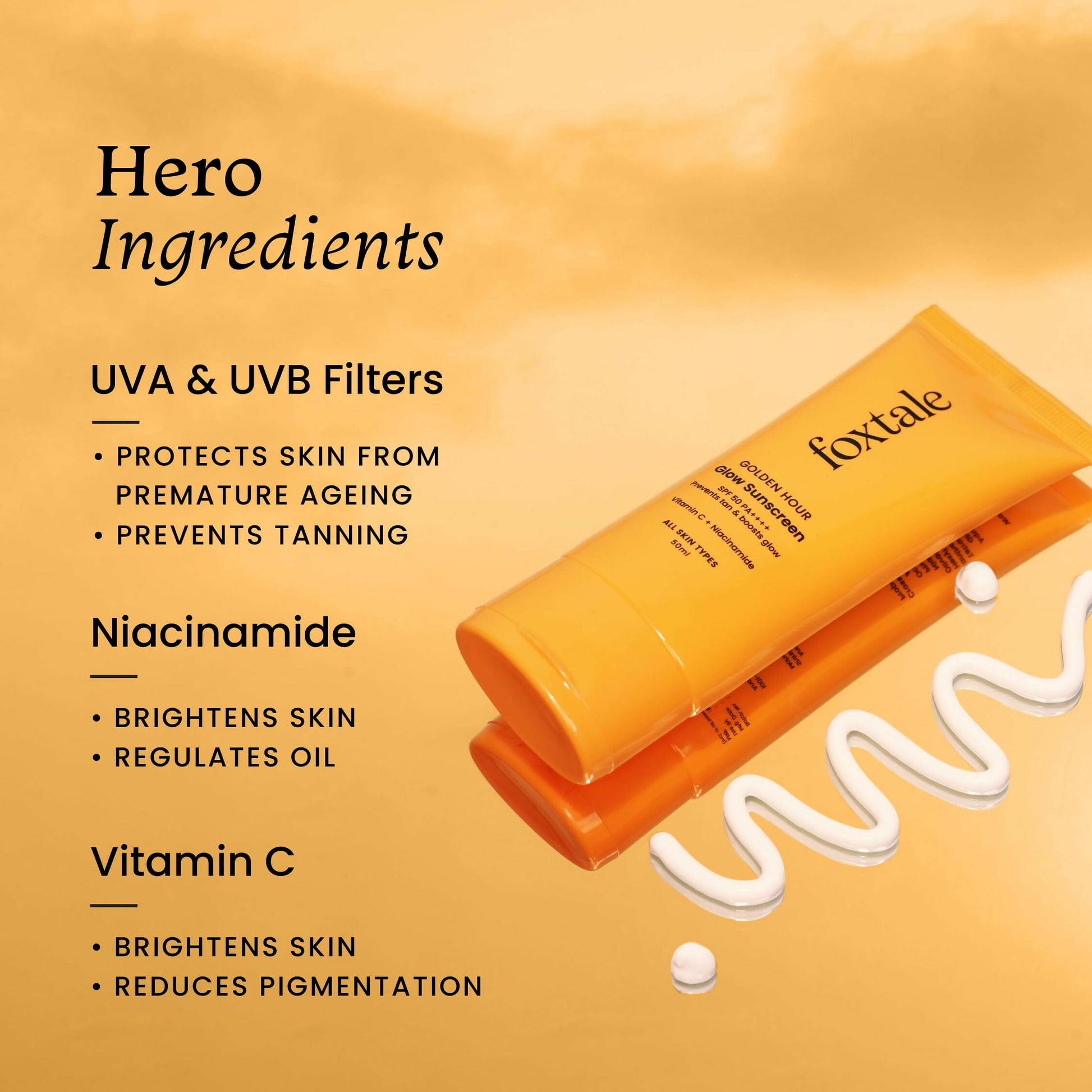 Foxtale Glow Sunscreen SPF 50 PA++++ Lightweight With Vitamin C And Niacinamide For a Dewy Glow, UVA And UVB Filters Prevents Tan - Swadesiicart