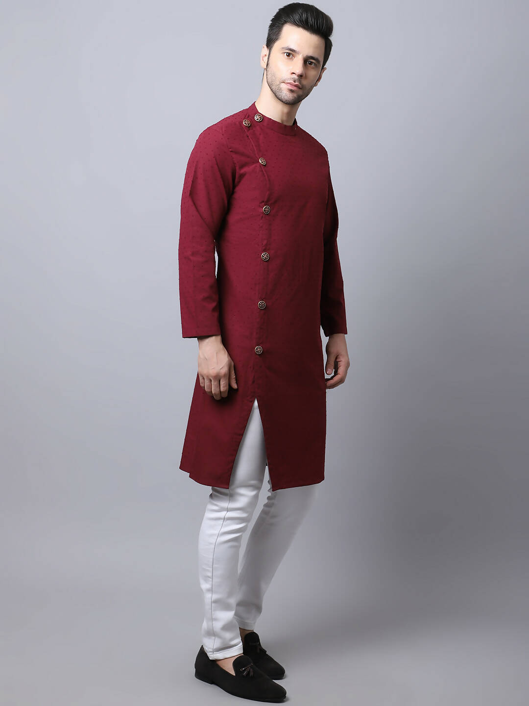 Even Apparels Maroon Pure Cotton Sherwani Men's Kurta With Asymetrical Cut | Swadesiicart