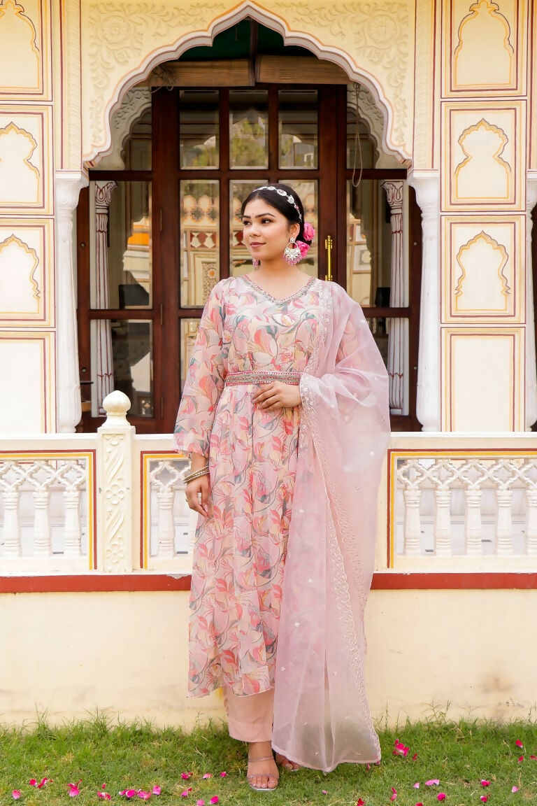 Vaasva Women White Organza Floral Print & Embroidered Anarkali Kurta, Pant & Dupatta set | Swadesiicart
