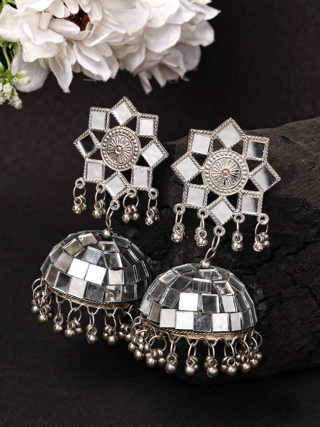 NVR Women Silver Mirror Oxidised Brass-Plated Jhumka Earrings | Swadesiicart