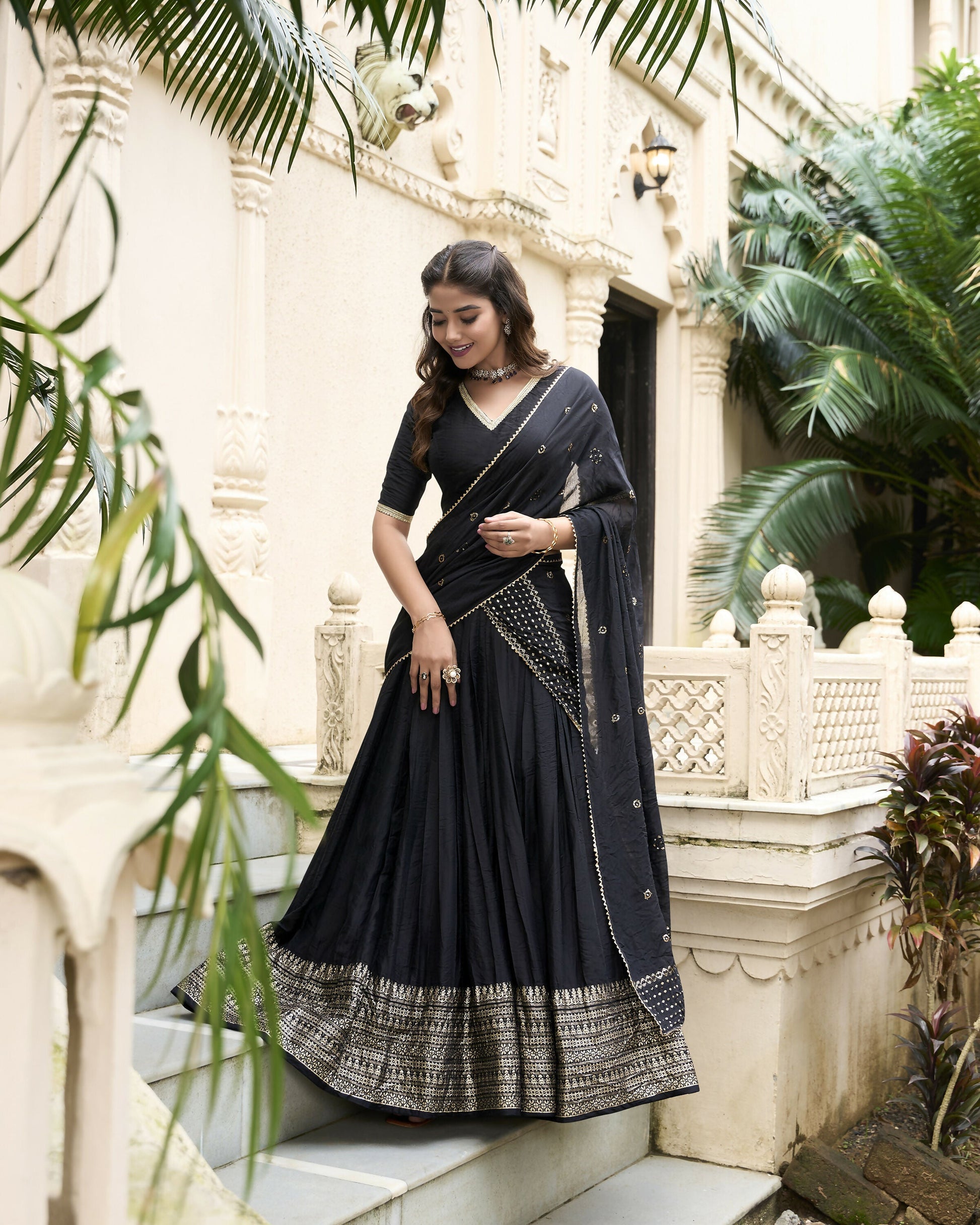 Lorenvalley Black Pure Chanderi Plain With Zari Weaving Work Border Lehenga Choli | Swadesiicart