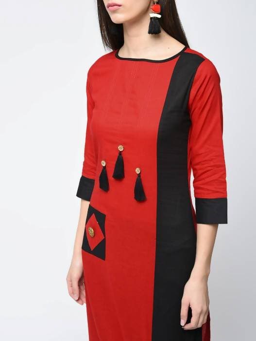Aniyah Cotton Red Color Stylish Block Straight Kurta (AN-107K) - Swadesiicart