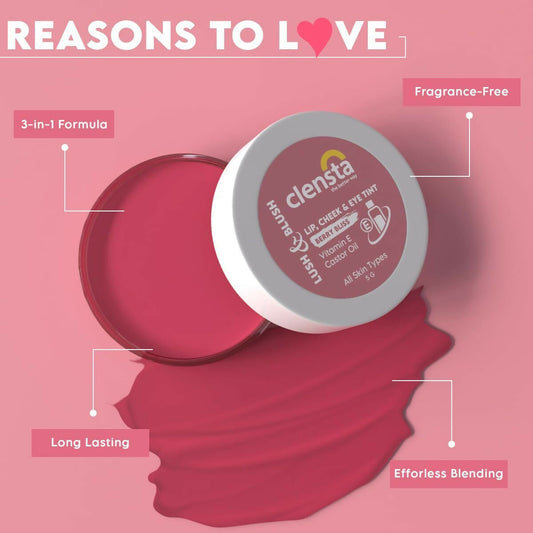 Clensta Lip Cheek Tint - Berry Bliss with Goodness of Vitamin E & Castor Oil - Swadesiicart