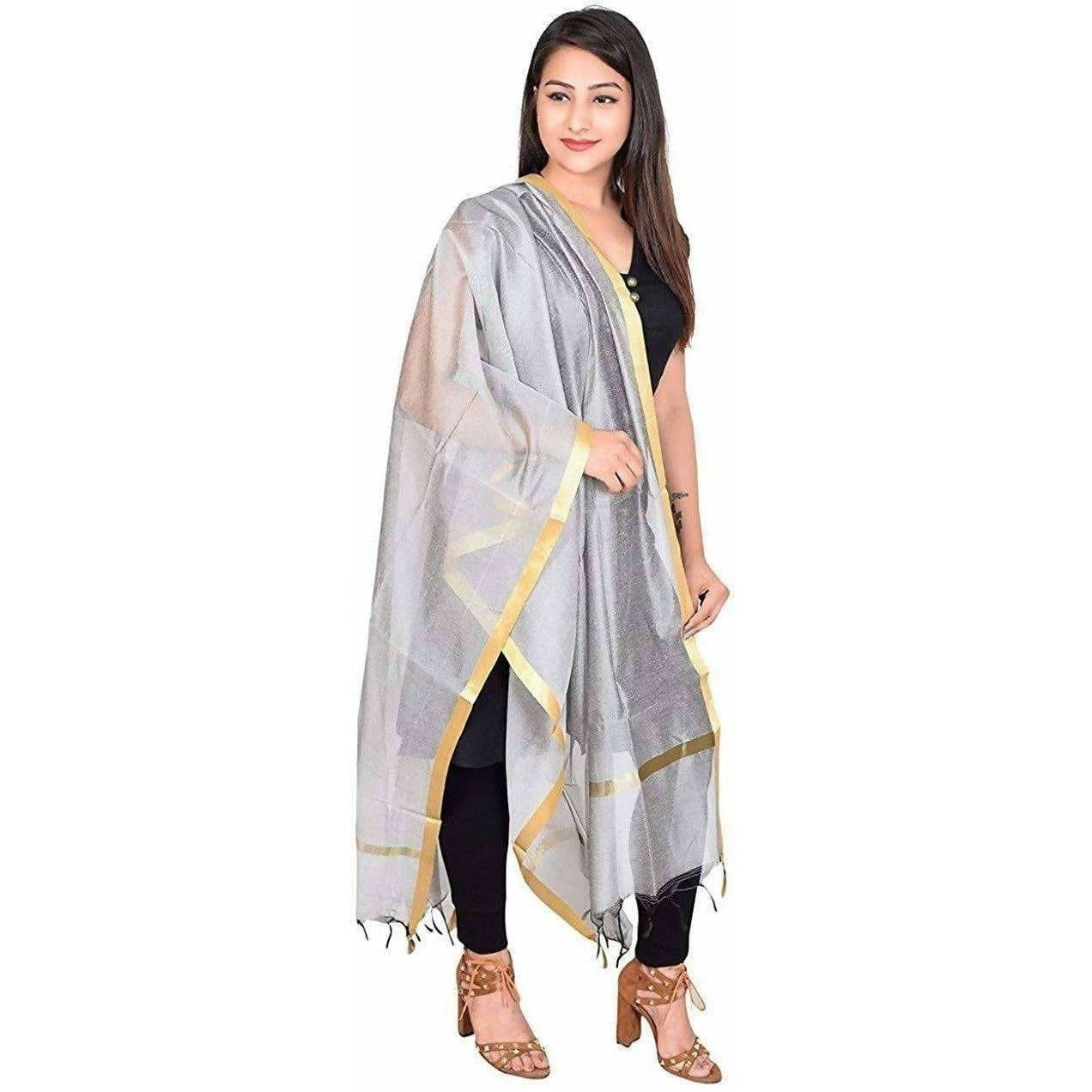 Women's Silk Plain Banarasi Golden Border Dupatta | Swadesiicart
