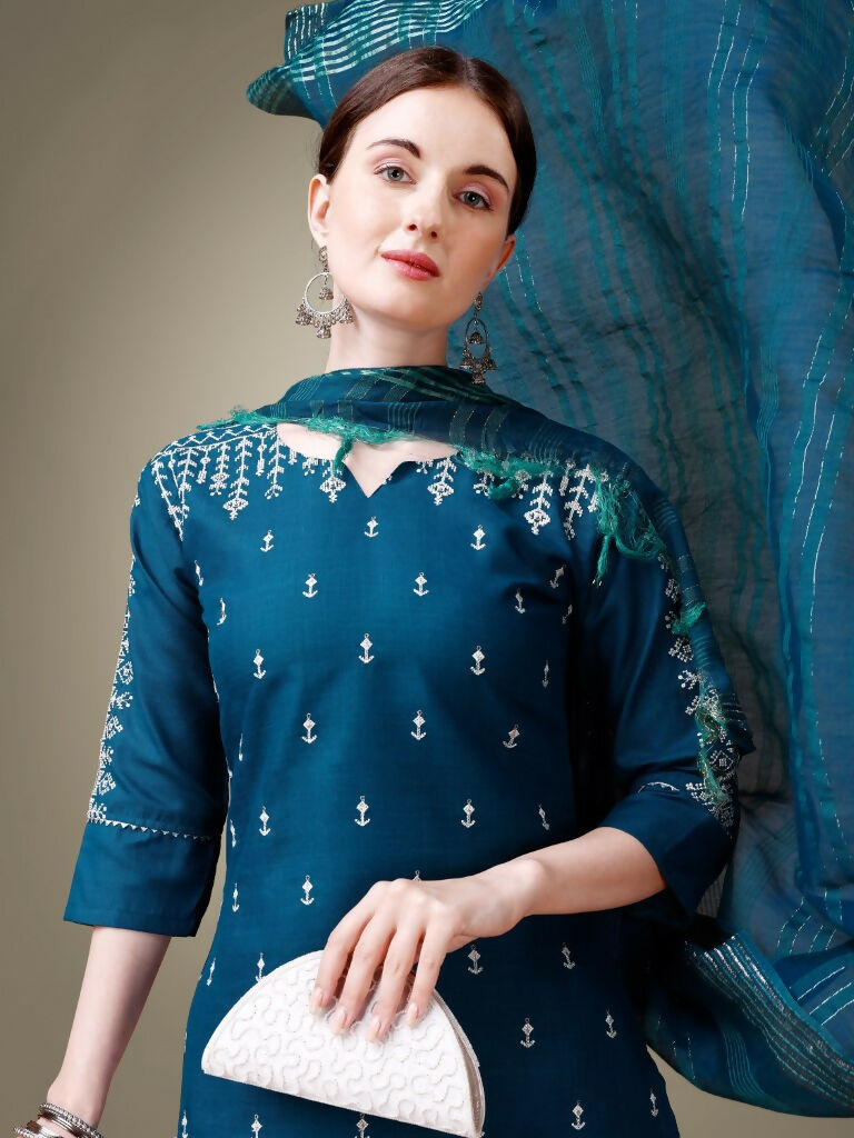 Jyoti Fashion Women's Morpich Cotton Blend Embroidery & Sequence work Kurta with Trouser & Dupatta | Swadesiicart
